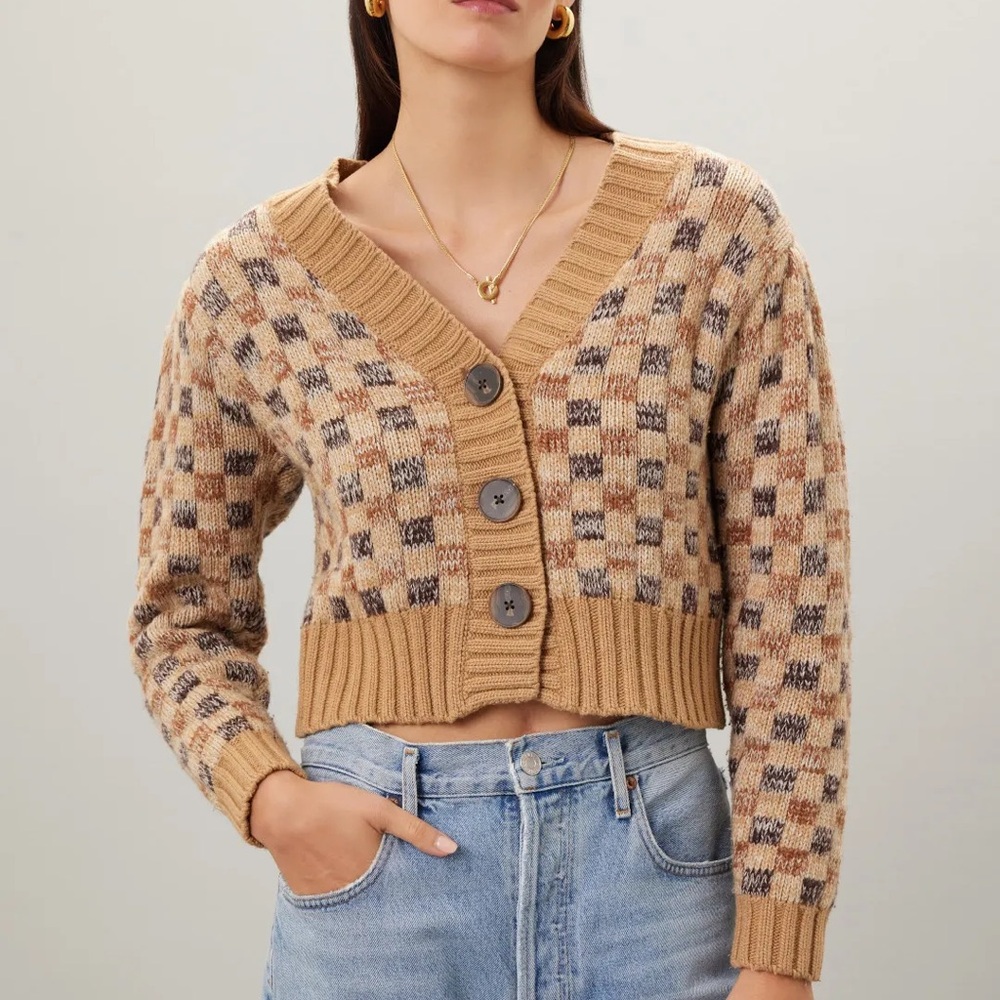 Rebecca Taylor 🥰NWOT Cashmere Wool Sweater Cardigan Jacquard Crop Small Checker - Picture 7 of 16